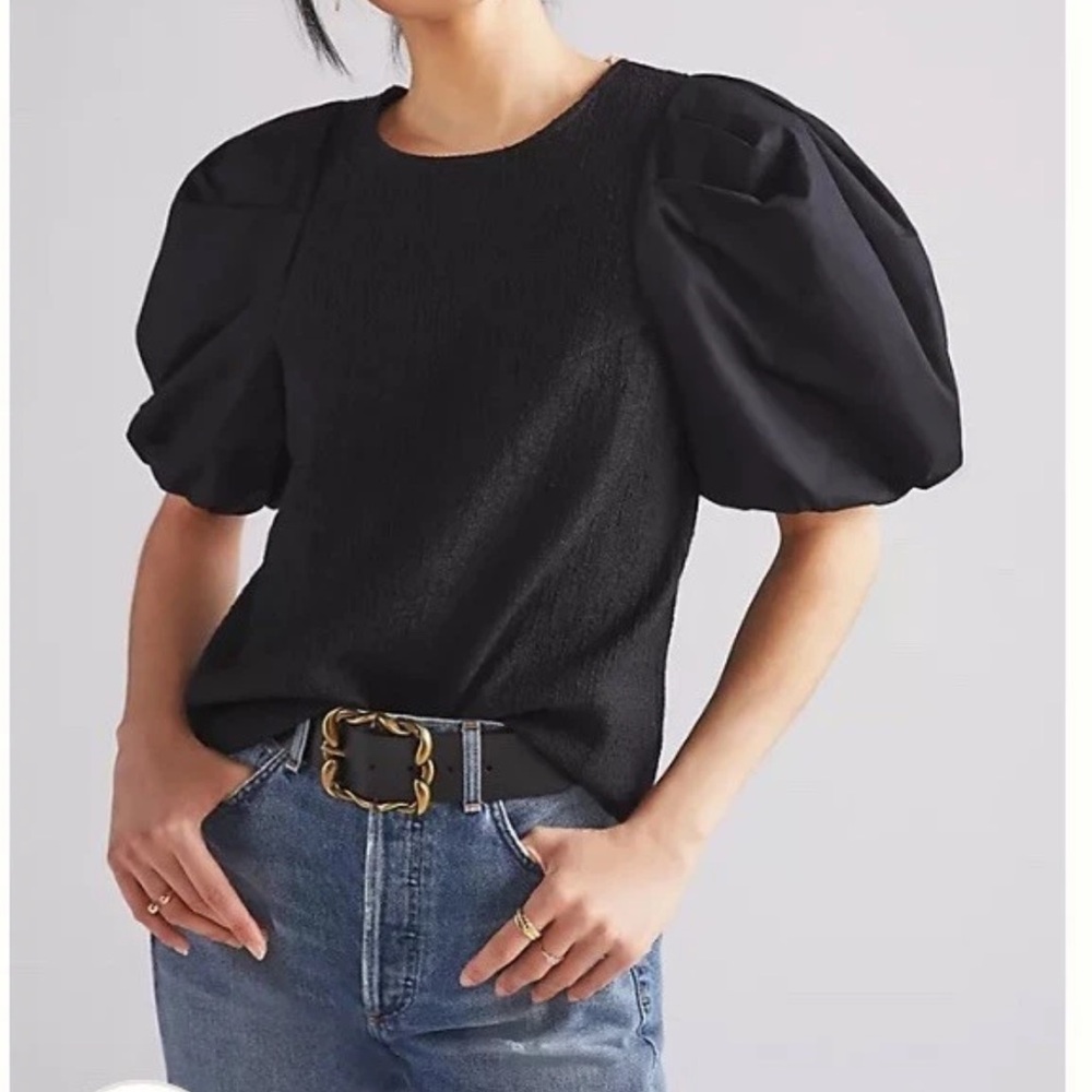 By Anthropologie Women's Black Mixed Media Puff Sleeve Textured Blouse Medium
